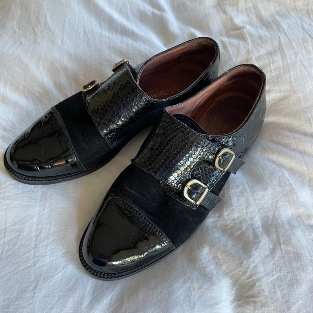 Russell & Bromley Suede and Patent Croc Buckle Loafer Flats